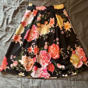 Pin-up Full Black Skirt with Pink & Yellow Floral Print EUC